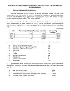 STATUS OF PROJECTS SANCTIONED AND FUNDS RELEASED TO THE STATE OF UTTAR PRADESH I. Rashtriya Madhyamik Shiksha Abhiyan