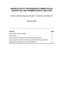NEWSLETTER OF THE RESEARCH COMMITTEE ON CONCEPTUAL AND TERMINOLOGICAL ANALYSIS International Sociological Association – Research Committee 35 February 2009