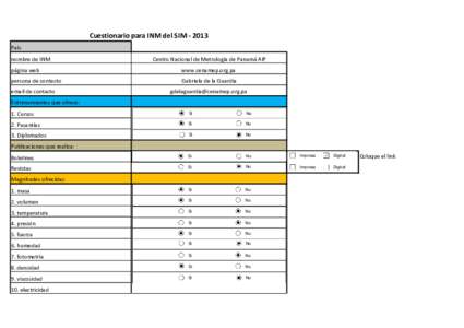 Cuestionario para INM del SIM ‐ 2013 País nombre de INM Centro Nacional de Metrología de Panamá AIP