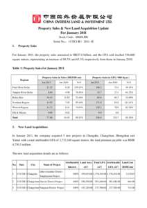 Property Sales & New Land Acquisition Update For January 2011 Stock Code：00688.HK Serial No.：（COLI-IR）2011-1E 1.