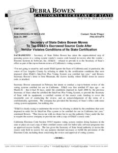 DB07:029 FOR IMMEDIATE RELEASE June 21, 2007 Contact: Nicole Winger[removed]