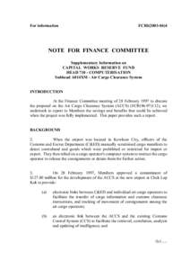 For information  FCRI[removed]NOTE FOR FINANCE COMMITTEE Supplementary Information on