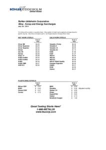 Bohler-Uddeholm Corporation Alloy , Scrap and Energy Surcharges July 1st , 2014 This listing will be revised on a quarterly basis. Other grades not listed may be applied surcharges based on specific inquiries. Alloy Extr