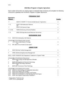 5/12 CSU Minor Program in Organic Agriculture Each student will enroll in an existing major at Colorado State University and complete the following curriculum to graduate from the Minor Program in Organic Agriculture FRE