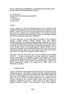 STATUS AND ISSUES ON DISPOSAL AND STORAGE OF RADIOACTIVE WASTE FROM NON-POWER APPLICATIONS P.J. O’SULLIVAN Nuclear Research and Consultancy Group (NRG) P.O. Box[removed]ZG PETTEN