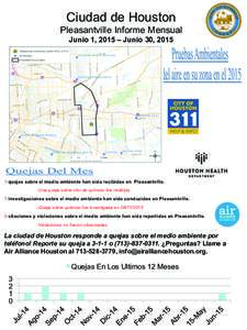 Ciudad de Houston Pleasantville Informe Mensual Junio 1, 2015 – Junio 30, quejas sobre el medio ambiente han sido recibidas en Pleasantville. -Una queja sobre olor de químico fue recibida