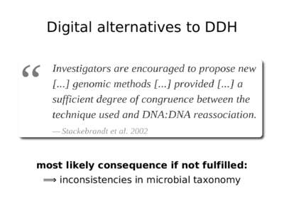 Digital alternatives to DDH  most likely consequence if not fulfilled: ⟹ inconsistencies in microbial taxonomy  GGDC: a digital DDH alternative