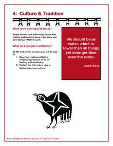 4: Culture & Tradition What are we going to do today? Today we will look at the importance that culture and tradition have in the lives and well-being of Native youth.
