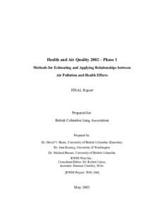 Health and Air Quality 2002 – Phase 1 Methods for Estimating and Applying Relationships between Air Pollution and Health Effects FINAL Report