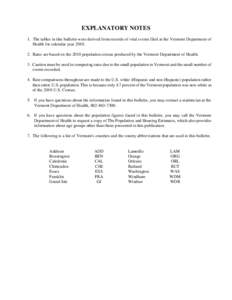 EXPLANATORY NOTES 1. The tables in this bulletin were derived from records of vital events filed at the Vermont Department of Health for calendar year[removed]Rates are based on the 2010 population census produced by th