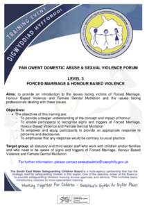 PAN GWENT DOMESTIC ABUSE & SEXUAL VIOLENCE FORUM FORUM LEVEL 3 FORCED MARRIAGE & HONOUR BASED VIOLENCE Aims: to provide an introduction to the issues facing victims of Forced Marriage,