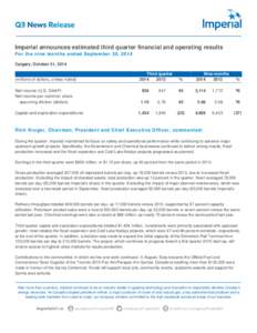 Imperial announces estimated third quarter financial and operating results For the nine months ended September 30, 2014 Calgary, October 31, 2014 (millions of dollars, unless noted) Net income (U.S. GAAP)