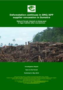 Deforestation continues in SMG/APP supplier concession in Sumatra Natural forest cleared on deep peat in tiger habitat after moratorium  Investigative Report