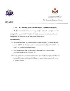 The Hashemite Kingdom of Jordan PRESS/ - 1st Q[removed]Date. 15. April[removed]% The Unemployment Rate during the First Quarter of 2014 The Department of Statistics issued its quarterly report on the Unemployment Rate