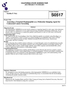 CALIFORNIA STATE SCIENCE FAIR 2013 PROJECT SUMMARY Name(s)  Suchita P. Nety