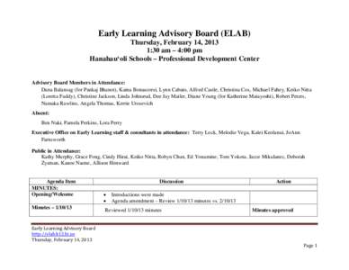 Early Learning Advisory Board (ELAB) Thursday, February 14, 2013 1:30 am – 4:00 pm Hanahau‘oli Schools – Professional Development Center  Advisory Board Members in Attendance: