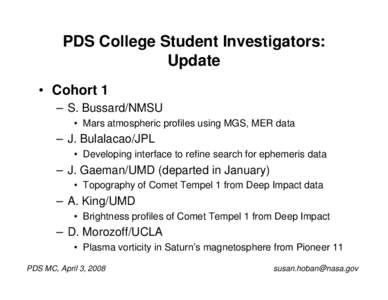 PDS College Student Investigators: Update