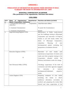 ANNEXURE-1 PUBLICATION OF INFORMATION REGARDING ITEMS SPECIFIED IN RULE 4(1)(B)(I)OF THE RIGHT TO INFORMATION ACT, 2005 MUNICIPAL CORPORATION JALANDHAR (The particulars of the organization, functions and duties) CIVIL WI