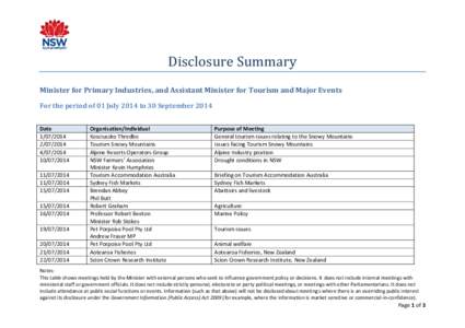 Disclosure Summary Minister for Primary Industries, and Assistant Minister for Tourism and Major Events For the period of 01 July 2014 to 30 September 2014 Date[removed]2014
