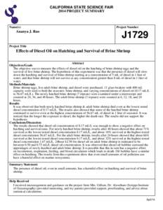 CALIFORNIA STATE SCIENCE FAIR 2014 PROJECT SUMMARY Name(s)  Ananya J. Rao