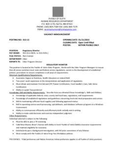 PUEBLO OF ISLETA HUMAN RESOURCES DEPARTMENT P.O. BOX 1270, ISLETA, NM[removed]PHONE: ([removed]FAX: ([removed]EMAIL: [removed] VACANCY ANNOUNCEMENT