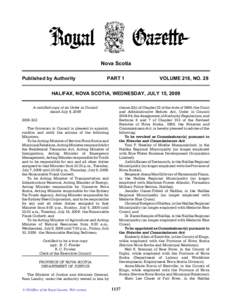 Nova Scotia Published by Authority PART 1  VOLUME 218, NO. 28