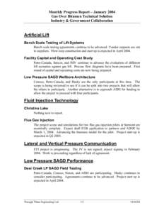 Monthly Progress Report – January 2004 Gas Over Bitumen Technical Solution Industry & Government Collaboration Artificial Lift Bench Scale Testing of Lift Systems