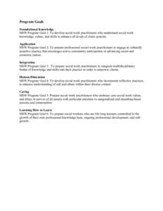 Program Goals Foundational Knowledge MSW Program Goal 1: To develop social work practitioners who understand social work knowledge, values, and skills to enhance all levels of client systems. Application MSW Program Goal