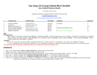 San Jorge (St George) Island Bird Checklist (near Isabel) Solomon Islands48s41e Compiled by Michael K. Tarburton, Pacific Adventist University, PNG. [To communicate: please re-type e-mail address] #