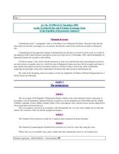 Page 1  Act No[removed]of 12 November 1984 on the Territorial Sea and Exclusive Economic Zone of the Republic of Equatorial Guinea(1)