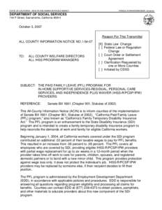 STATE OF CALIFORNIA - HEALTH AND HUMAN SERVICES AGENCY  ARNOLD SCHWARZENEGGER, Governor DEPARTMENT OF SOCIAL SERVICES 744 P Street, Sacramento, California 95814