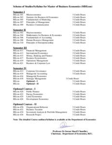 Scheme of Studies/Syllabus for Master of Business Economics (MBEcon) Semester I BEcon-301 BEcon-303 BEcon-305 BEcon-307