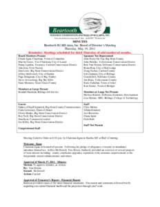 MINUTES Beartooth RC&D Area, Inc. Board of Director’s Meeting Thursday, May 19, 2011 Reminder: Meetings scheduled for third Thursday of odd numbered months. Board Members Present Chuck Egan, Chairman, Town of Columbus