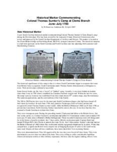 Historical Marker Commemorating Colonel Thomas Sumter’s Camp at Clems Branch June–July 1780 by William Lee Anderson III, 16 AprilNew Historical Marker