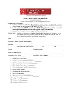 SUSAN D. WOOD TUITION ASSISTANCE FUND APPLICATION FORM Spring Break Theatre Camp/ Playwriting Intensive, 2017 APPLICATION PROCEDURE: 1. Complete ALL sections of this form. If student(s) are minors, parent is considered t