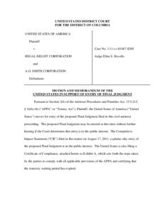 Motion and Memorandum of the United States in Support of Entry of Final Judgment: U.S. v. Regal Beloit Corporation and A.O. Smith Corporation