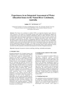 Experiences in an Integrated Assessment of Water Allocation Issues in the Namoi River Catchment, Australia Letcher, R.A.1 and Jakeman, A.J.1,2 1