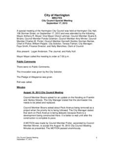 City of Harrington MINUTES City Council Special Meeting September 17, 2013  A special meeting of the Harrington City Council was held at Harrington City Hall,