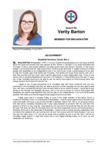Speech By  Verity Barton MEMBER FOR BROADWATER  Record of Proceedings, 5 June 2014