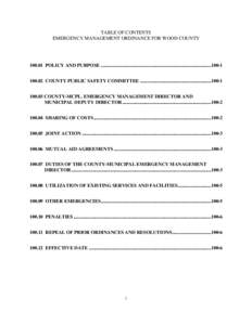 TABLE OF CONTENTS EMERGENCY MANAGEMENT ORDINANCE FOR WOOD COUNTYPOLICY AND PURPOSE .............................................................................................COUNTY PUBLIC SAFETY CO