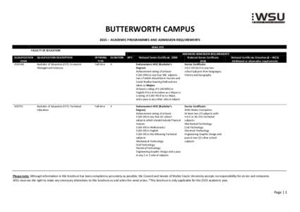 BUTTERWORTH CAMPUS 2015 – ACADEMIC PROGRAMMES AND ADMISSION REQUIREMENTS IBIKA SITE FACULTY OF EDUCATION QUALIFICATION CODE