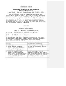 NOTICE OF INTENT Department of Wildlife and Fisheries Office of Fisheries Reef Fish – Harvest Regulations (LAC 76:VII[removed]The Wildlife and Fisheries Commission does hereby give notice of its intent to amend a Rule, L