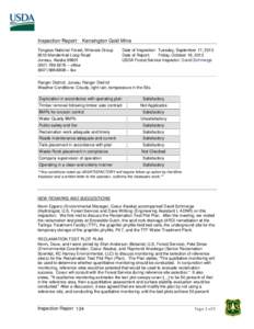 DRAFT Inspection Report: Kensington Gold Mine Tongass National Forest, Minerals Group 8510 Mendenhall Loop Road Juneau, Alaska[removed]6276 – office