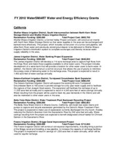 FY 2010 WaterSMART Water and Energy Efficiency Grants California Shafter-Wasco Irrigation District, South Interconnection between North Kern Water Storage District and Shafter-Wasco Irrigation District Reclamation Fundin