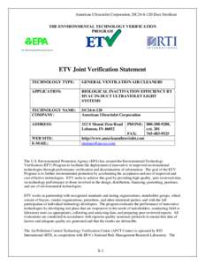 US EPA Environmental Technology Verification Biological Inactivation Efficiency by HVAC In-Duct Ultraviolet Light Systems Verificatioin Statement