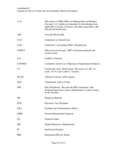 Attachment C Legend for Life of a Grant and Accountability Matrix Documents A-21  This refers to OMB (Office of Management and Budget)