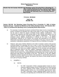 Illinois Department of Revenue Regulations Title 86 Part 100 Section[removed]Net Operating Losses Occurring Prior to December 31, 1986, of Unitary Business Groups; Treatment by Members of the Unitary Business Group: (II