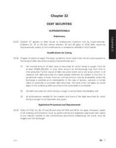 Chapter 32 DEBT SECURITIES SUPRANATIONALS[removed]Chapter 37 applies to debt issues to professional investors only by Supranationals. Chapters 22, 24 to 29 and, where relevant, 35 and 36 apply to other debt issues by