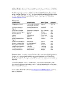 October 25, 2013: Quarterly Medicaid/CHIP Specialty Drug List Effective[removed]The following drugs have been added to the Medicaid/CHIP Specialty Drug List and will be effective November 15, 2013. No drugs have been 