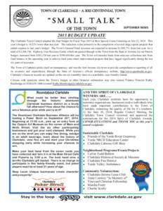 TOWN OF CLARKDALE - A 2012 CENTENNIAL TOWN  “SMALL TALK” OF THE TOWN  SEPTEMBER NEWS